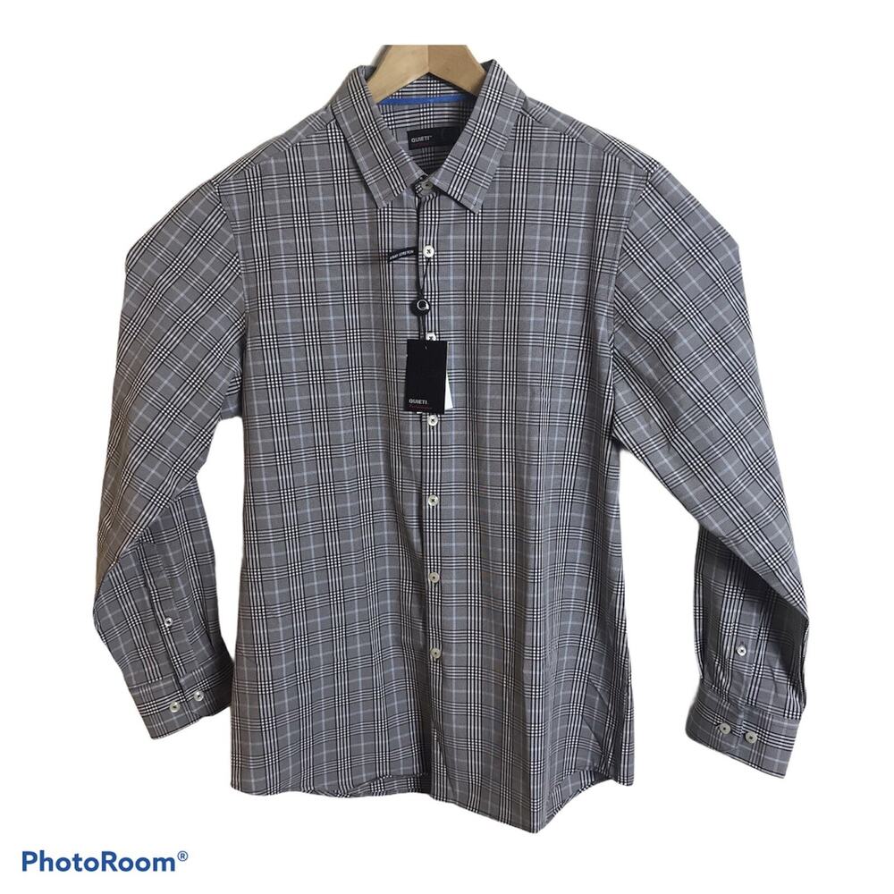 QUIETI Shirt Performance Mens Large Brown Glen Plaid Wicking Stretch No Iron NEW